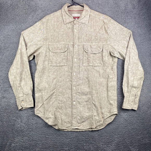The Field Mens L Linen Button Up Shirt Long Sleeve Casual Beige Pocket - Picture 1 of 8